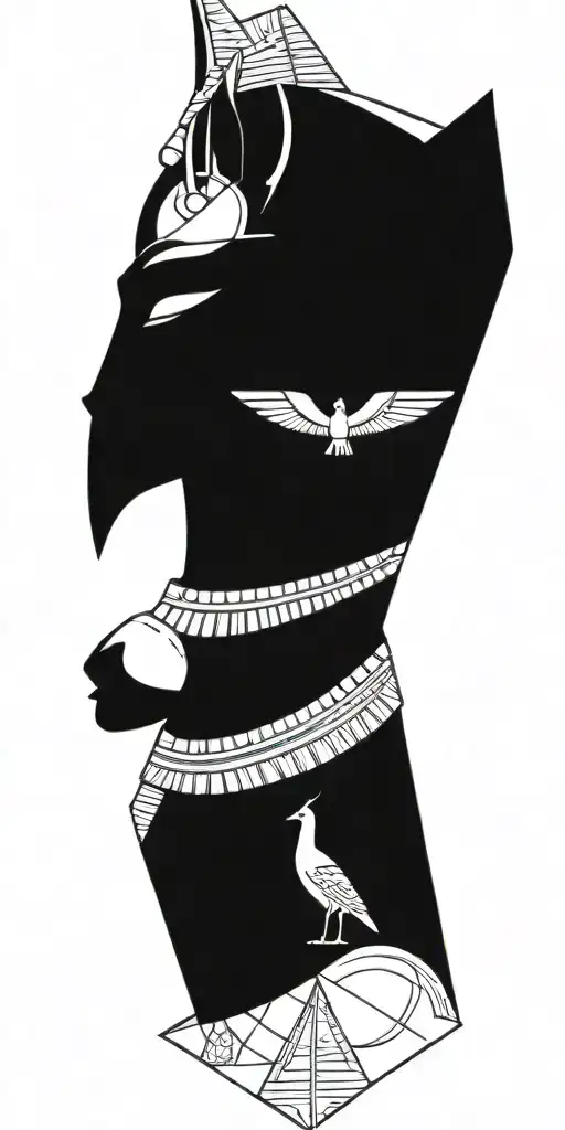 egyptian with pyramids, scray anubis, and the bird, symbols  black and grey tattoo design idea