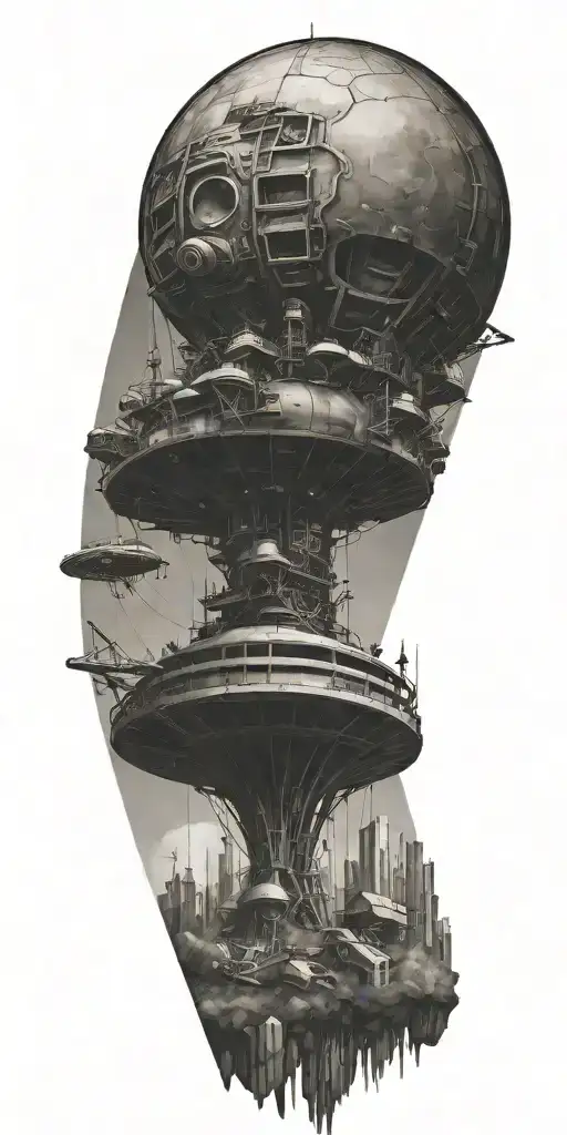An alien spaceship flying over a construction site tattoo design idea