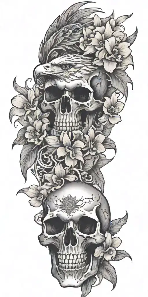 An eagle skull adorned with orchids and surrounded by Egyptian symbols tattoo design idea
