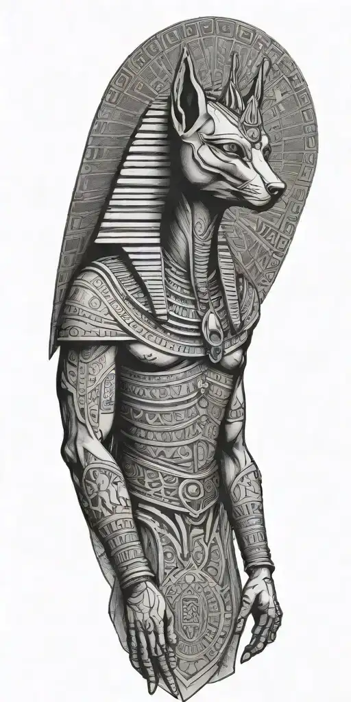 egyptian with pyramids, scray anubis, and the bird, symbols  black and grey tattoo design idea