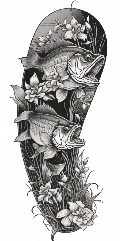 a bass fish hooked in a pond with grass surrounding the pond roses and orchids  tattoo design idea