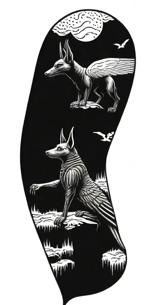  zombified anubis, and the bird  black and grey tattoo design idea