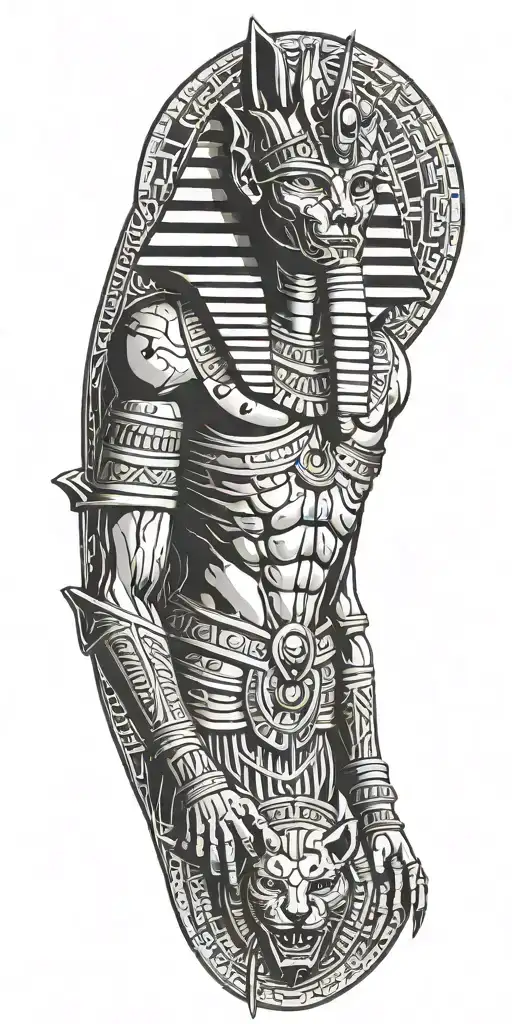 egyptian with pyramids, zombified anubis, and the bird  black and grey tattoo design idea