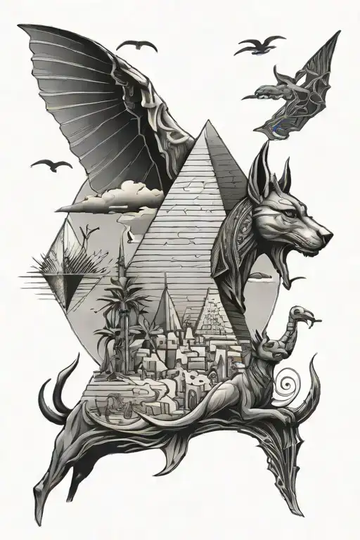 egyptian scenic with pyramids on top and a scary anubis with hylogrifs filling in open areas tattoo design idea