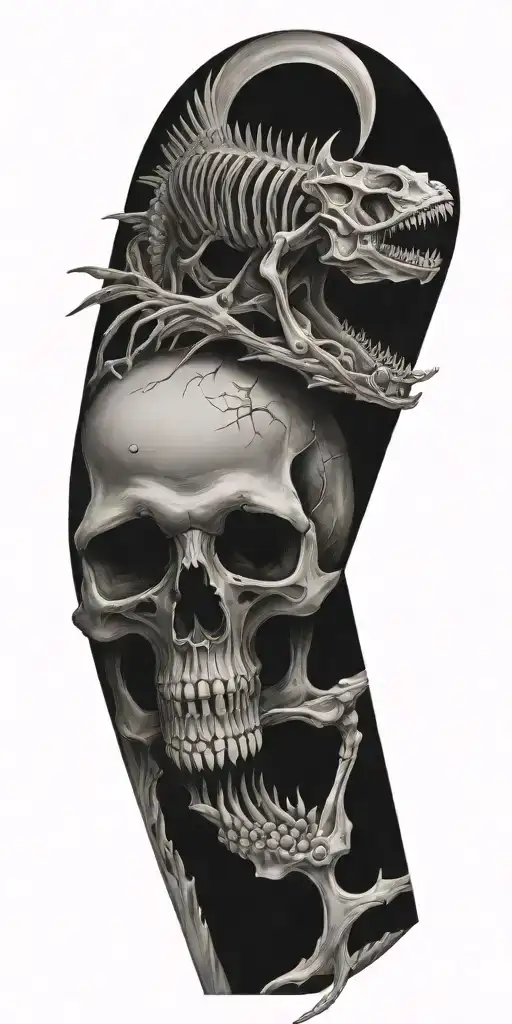 A fish skeleton merging with an alien skull, symbolizing the unknown depths of the ocean tattoo design idea