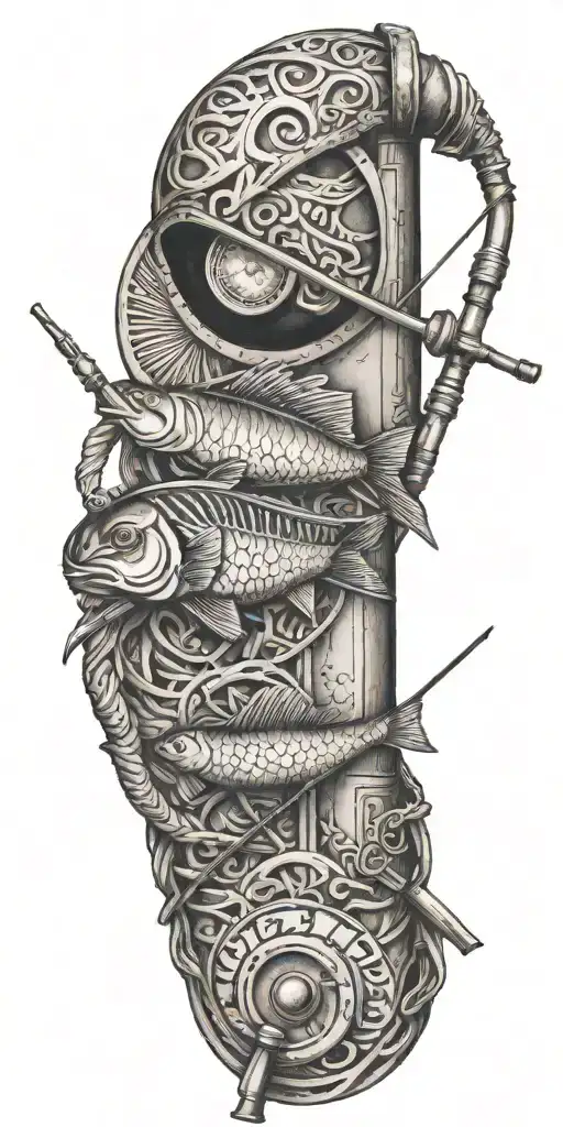 A fishing rod intertwined with Egyptian hieroglyphics tattoo design idea