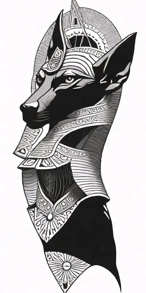 egyptian with pyramids, scray anubis, and the bird, symbols  black and grey tattoo design idea