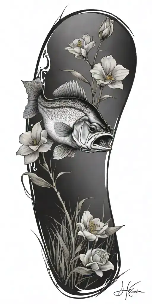 a bass fish hooked in a pond with grass surrounding the pond roses and orchids  tattoo design idea