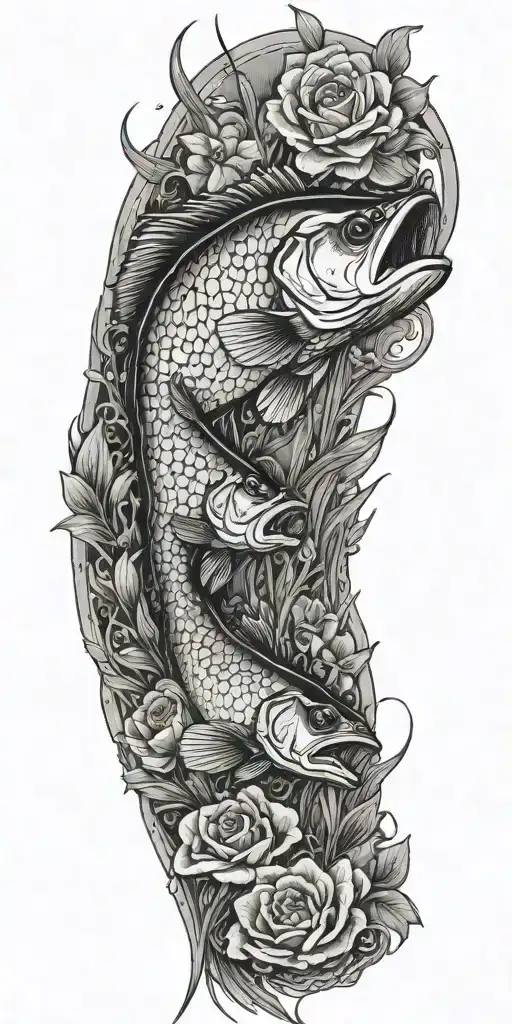 a bass fish hooked in a pond with grass surrounding the pond roses and orchids  tattoo design idea