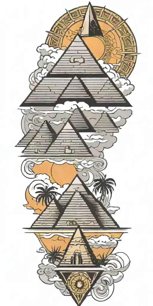 egyptian pyramids on top gods down below black and grey tattoo design idea