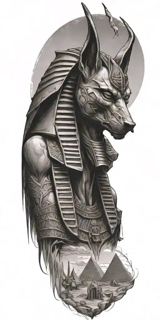 demon anubis  with the pyramids  in the distance tattoo design idea