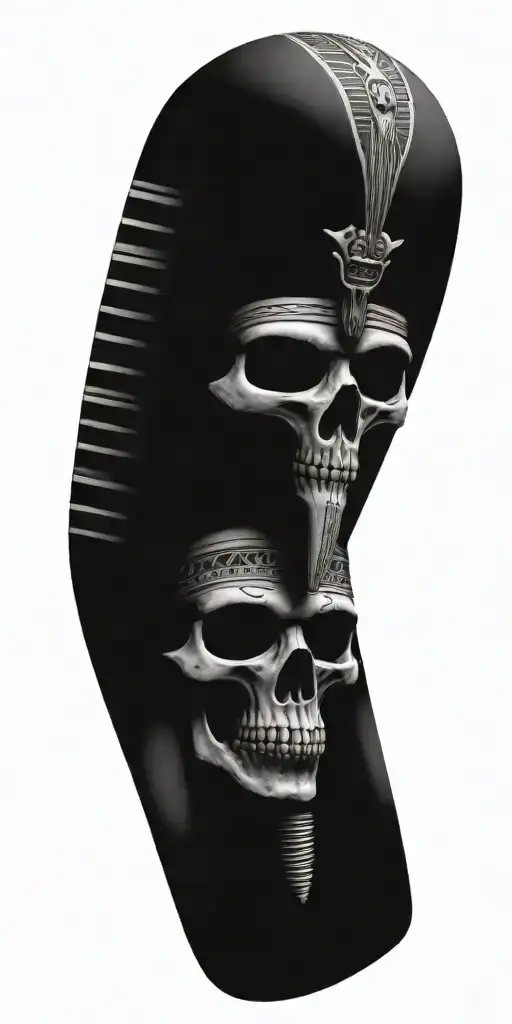 A skull wearing an Egyptian pharaoh headdress with alien eyes and symbols around it tattoo design idea