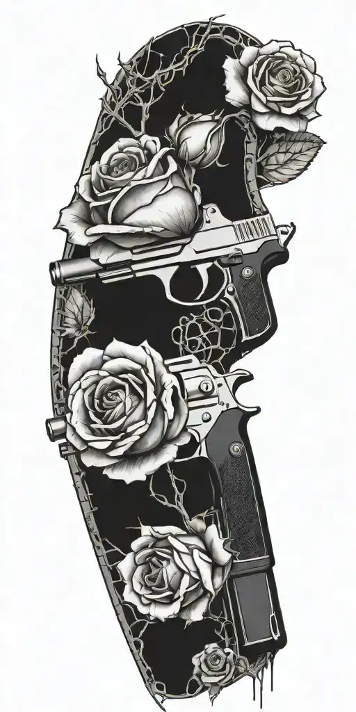 A gun morphing into a rose with thorns made of construction tools tattoo design idea