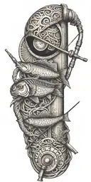 A fishing rod intertwined with Egyptian hieroglyphics tattoo design idea