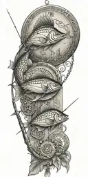 A fishing rod intertwined with Egyptian hieroglyphics tattoo design idea