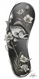 a bass fish hooked in a pond with grass surrounding the pond roses and orchids  tattoo design idea