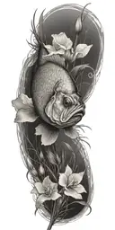 a bass fish hooked in a pond with grass surrounding the pond roses and orchids  tattoo design idea