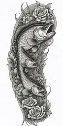 a bass fish hooked in a pond with grass surrounding the pond roses and orchids  tattoo design idea