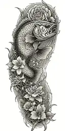 a bass fish hooked in a pond with grass surrounding the pond roses and orchids  tattoo design idea