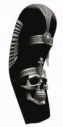 A skull wearing an Egyptian pharaoh headdress with alien eyes and symbols around it tattoo design idea