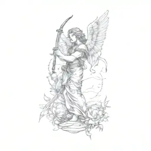 biblical accurate angel holding a sword with birds  tattoo design idea