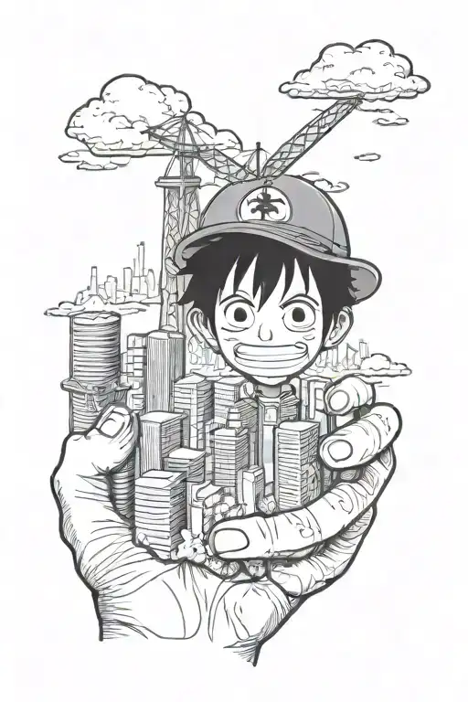 luffy holding a miniature replica of the Houston skyline, showcasing the client's connection to the city  tattoo design idea