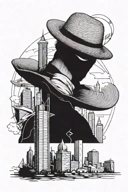 straw hat lufffy holding a miniature replica of the Houston skyline, showcasing the client's connection to the city  tattoo design idea