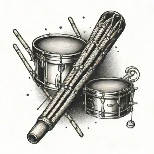 Create a tattoo featuring drum sticks inspired by 'The Chicken' by Jaco Pastorius, using dotwork for a unique textured look tattoo design idea