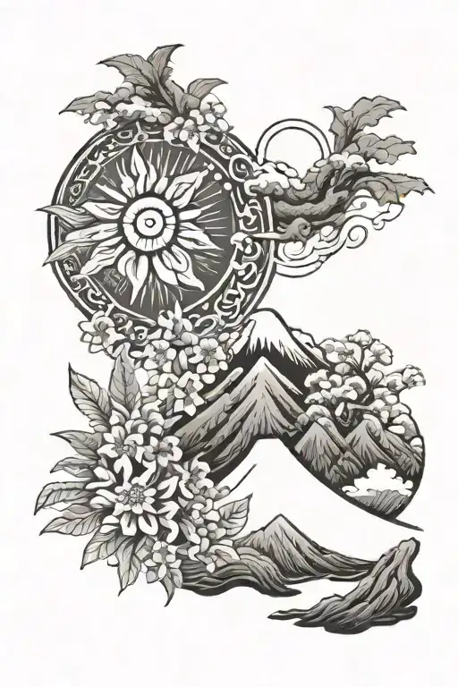 Filipino Sun with mountain and sampaguita flowers tattoo design idea