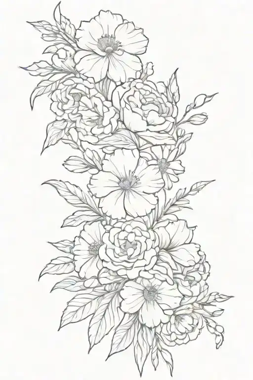 tattoo of fine line bouquet of birth flowers. carnation, violet, narcissus, marigold , rose and sweet pea tattoo design idea
