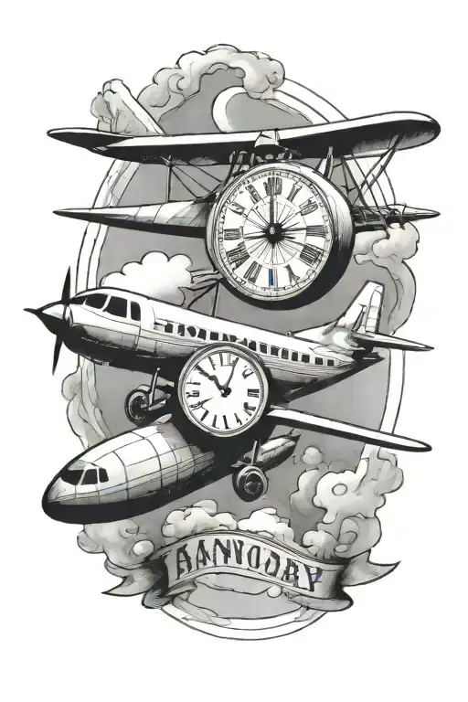 a plane flying with a smaller plane flying under its wing with a clock and roman numeral of january 10 2005  tattoo design idea