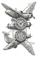 a plane flying with a smaller plane flying under its wing with a clock and roman numeral of january 10 2005  tattoo design idea