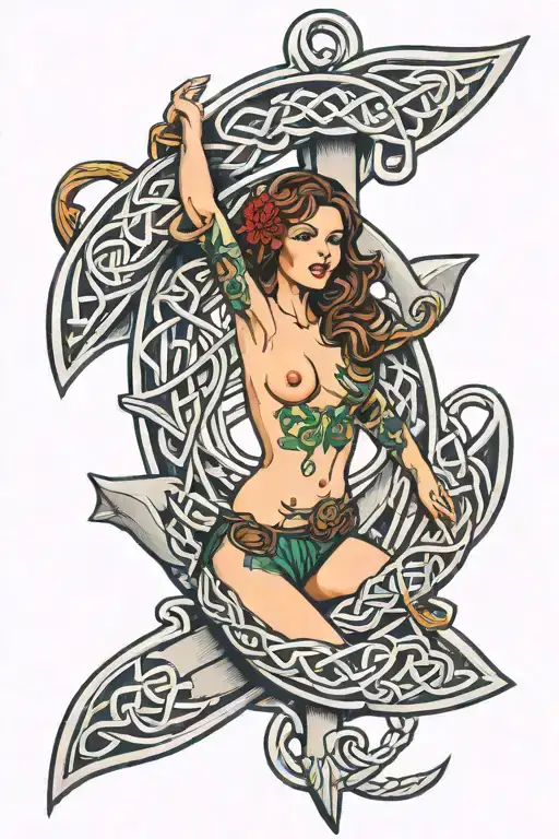 celtic knot anchor with nude pinup girl tattoo design idea