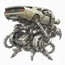 A futuristic design of a Ford Mustang transforming into a mechanical scorpion tattoo design idea