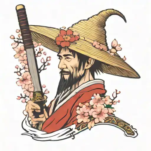 straw hat ronin with sword and cherry blossom tree tattoo design idea