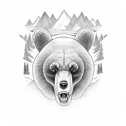 Forest, bicycle, bears, eagles, mountains, tattoo design idea