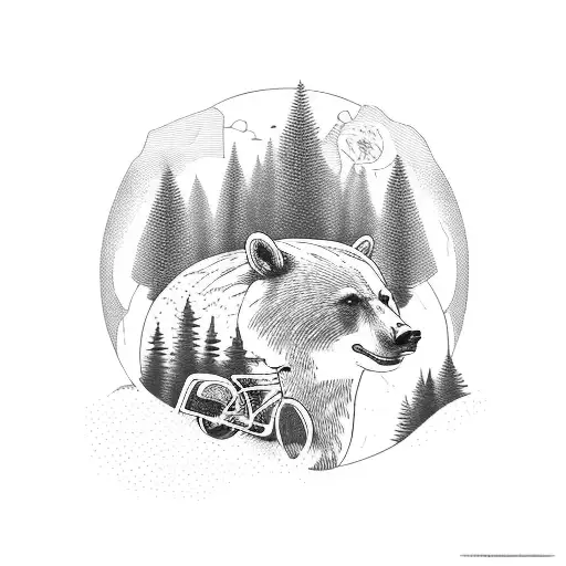 Forest, bicycle, bears, eagles, mountains, tattoo design idea