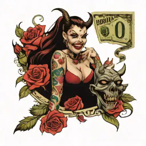 realistic devil laughing in background with seductive demon women and roses made of money with a dollar sign and all-see tattoo design idea
