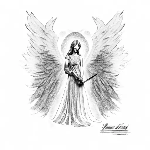 angel holding a dagger in a Louis Vuitton gown  tattoo design idea