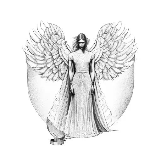 angel holding a dagger in a Louis Vuitton gown  tattoo design idea