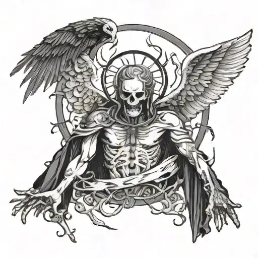 holy death with a background of fallen angels like lucifer tattoo design idea
