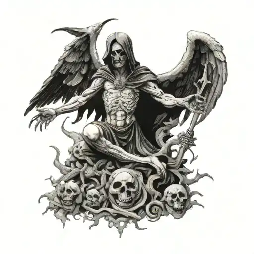 holy death with a background of fallen angels like lucifer and with a background of hell tattoo design idea