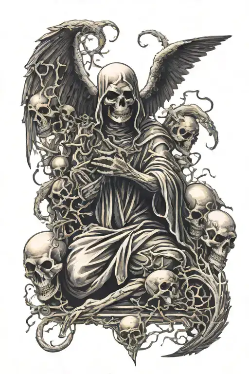 HOLY DEATH WITH FALLEN ANGELS IN THE BACKGROUND AND THE IMAGE OF SATAN IN THE BACKGROUND BLURRED tattoo design idea