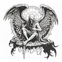 holy death with a background of fallen angels like lucifer tattoo design idea