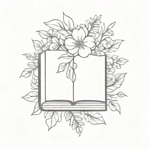 A tiny book nestled among a bed of blooming flowers tattoo design idea