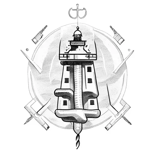 Anchor, lighthouse, sea storm, ship, books, THOR hammer, sold time tattoo design idea