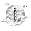 Anchor, lighthouse, sea storm, ship, books, THOR hammer, sold time tattoo design idea