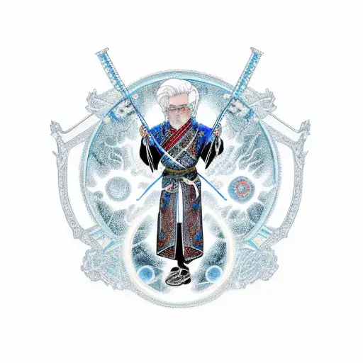 White hair guy in blue cloak with cybernetic right eye with cyber bow, pointing bow to left tattoo design idea