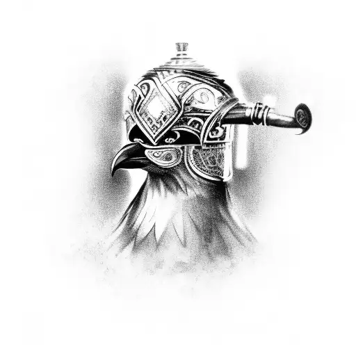 A mesmerizing black and grey tattoo of a raven perched on a Viking helmet, with musical notes swirling around it, representing the client's love for birds, Viking culture, and music. tattoo design idea