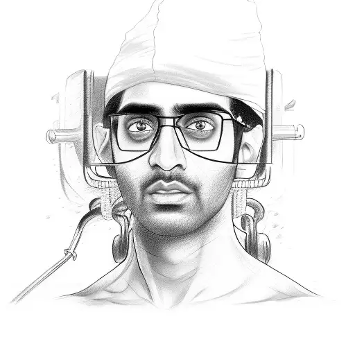 A detailed sketch of avinash's face surrounded by gym equipment and a steaming cup of coffee tattoo design idea
